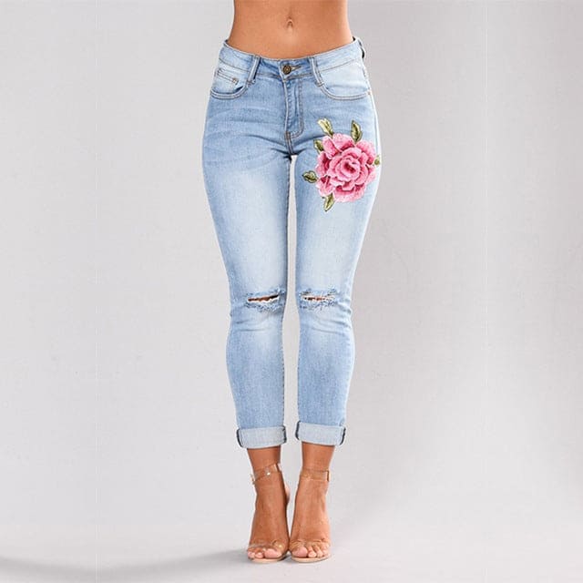 Stretch Embroidered Jeans For Women Elastic Flower Jeans Female Slim Denim Pants Hole Ripped Rose Pattern Jeans Pantalon Femme - Shaners Merchandise
