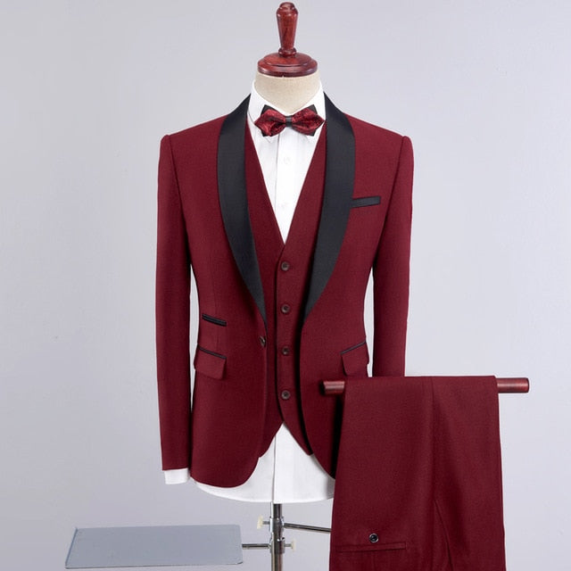 Wedding Suits For Men Shawl Collar 3 Pieces Slim Fit Burgundy Suit Mens Royal Blue Tuxedo Jacket