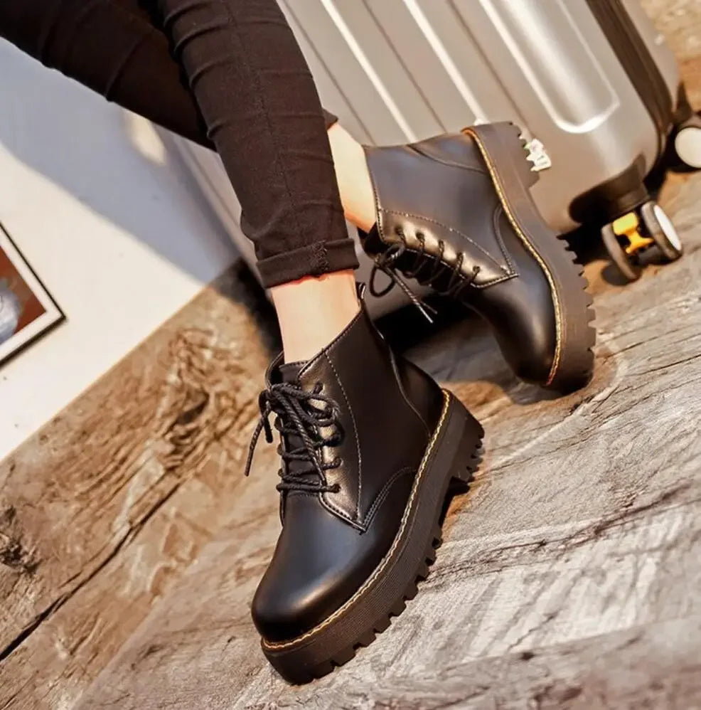 Autumn Winter Women Ankle Boots Platform Lace Up Casual Shoes Woman Retro Oxfords Female Waterproof Goth Thick Boots Footwe(Theses Boots Do Not Ship To India & Canada)