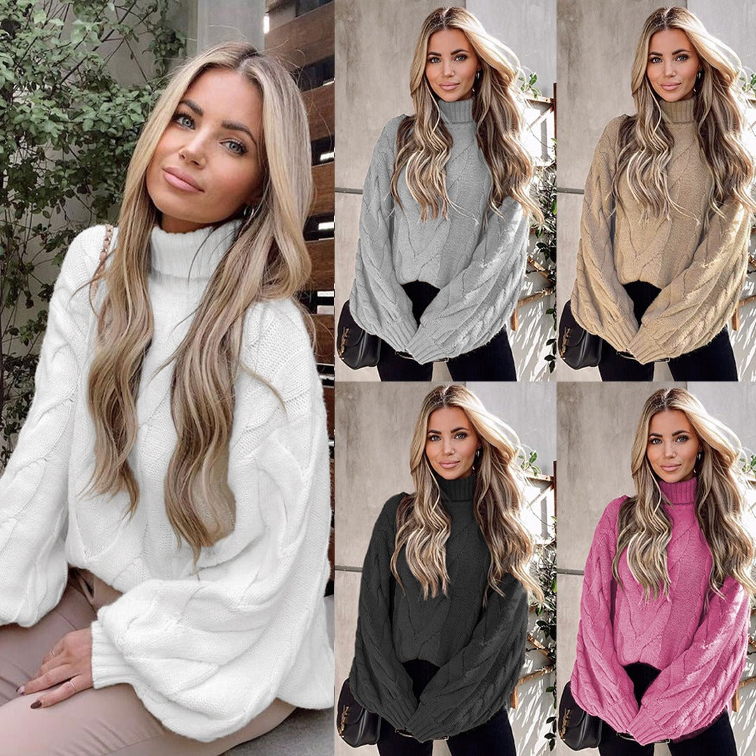 Winter Women's Horn Sleeve Sleeve Sleeved Sweater Europe and America Large Size High Neck Fried Dough Twists Sweater - Shaners Merchandise