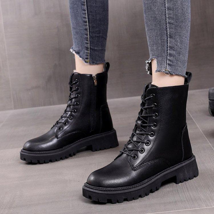 Snow boots, women's new cotton shoes, autumn and winter women's shoes, waterproof British style Martin short boots, thickened and plush in winter - Shaners Merchandise