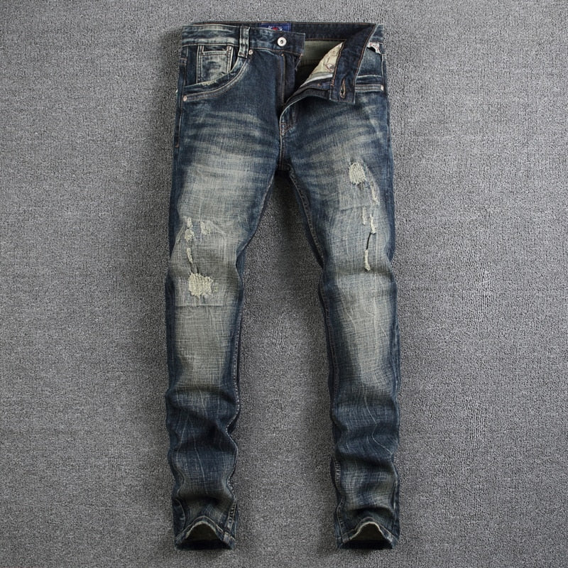 Retro Design Fashion Mens Jeans High Quality Nostalgia Wash Slim Fit Denim Ripped Jeans For Men Brand Streetwear Biker Jeans - Shaners Merchandise