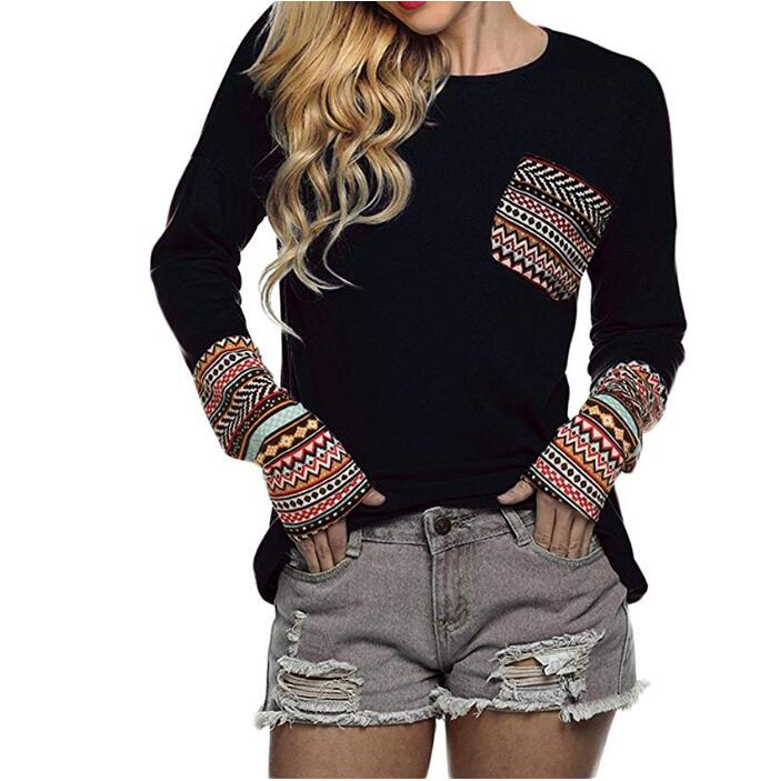 Women's Long Sleeve O-Neck Patchwork Casual Loose T-Shirts Blouse - Shaners Merchandise