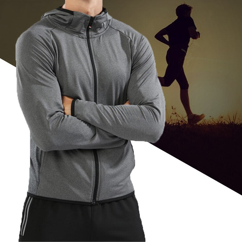 BARBOK Autumn Running Jacket Long Sleeve Sports Hooded Shirt Zipper Running T Shirts Compression Men Gym Jogging Fitness Top - Shaners Merchandise