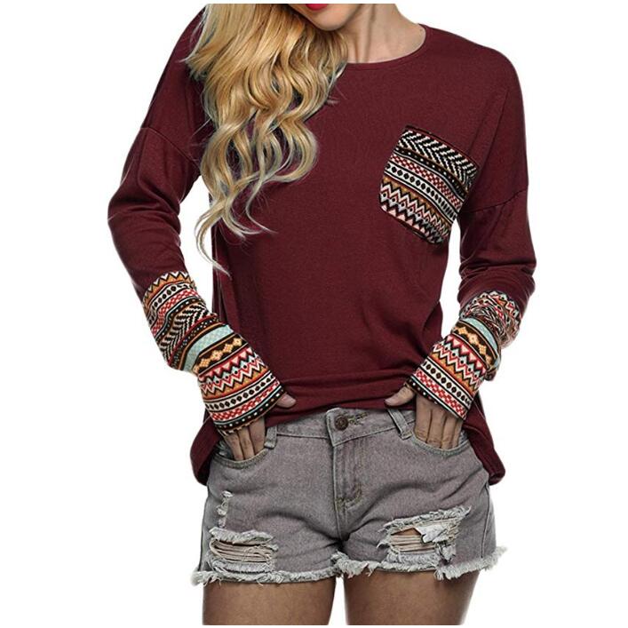 Women's Long Sleeve O-Neck Patchwork Casual Loose T-Shirts Blouse - Shaners Merchandise