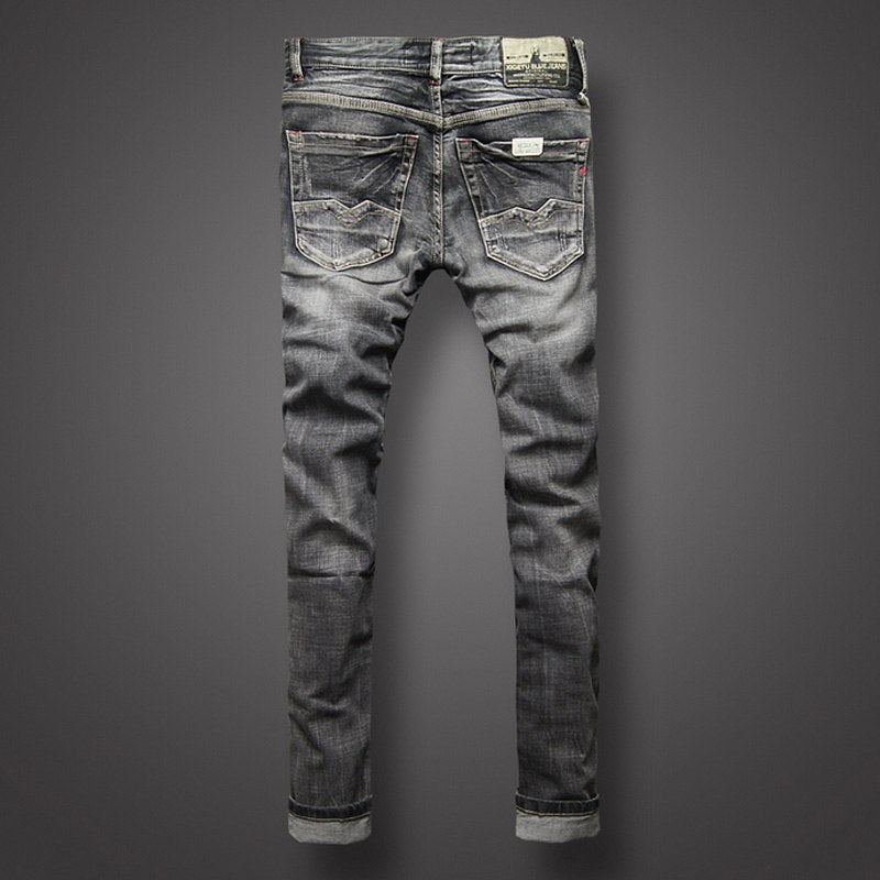 Black Gray Color Denim Mens Jeans High Quality Italian Style Retro Design Slim Fit Ripped Jeans - Shaners Merchandise