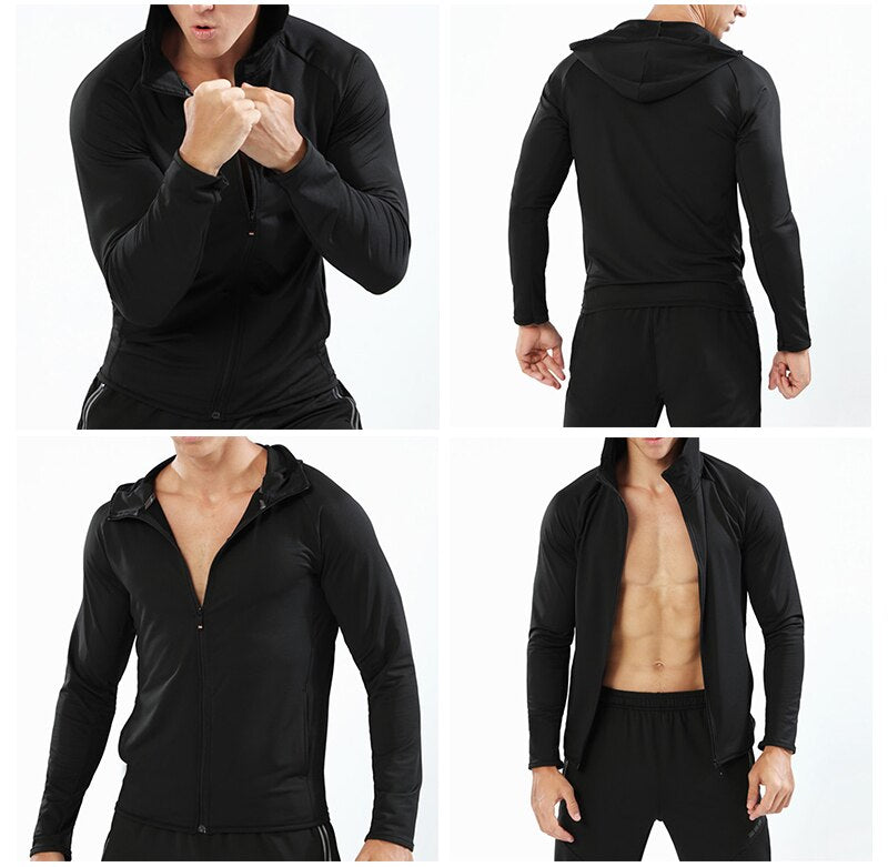 BARBOK Autumn Running Jacket Long Sleeve Sports Hooded Shirt Zipper Running T Shirts Compression Men Gym Jogging Fitness Top - Shaners Merchandise