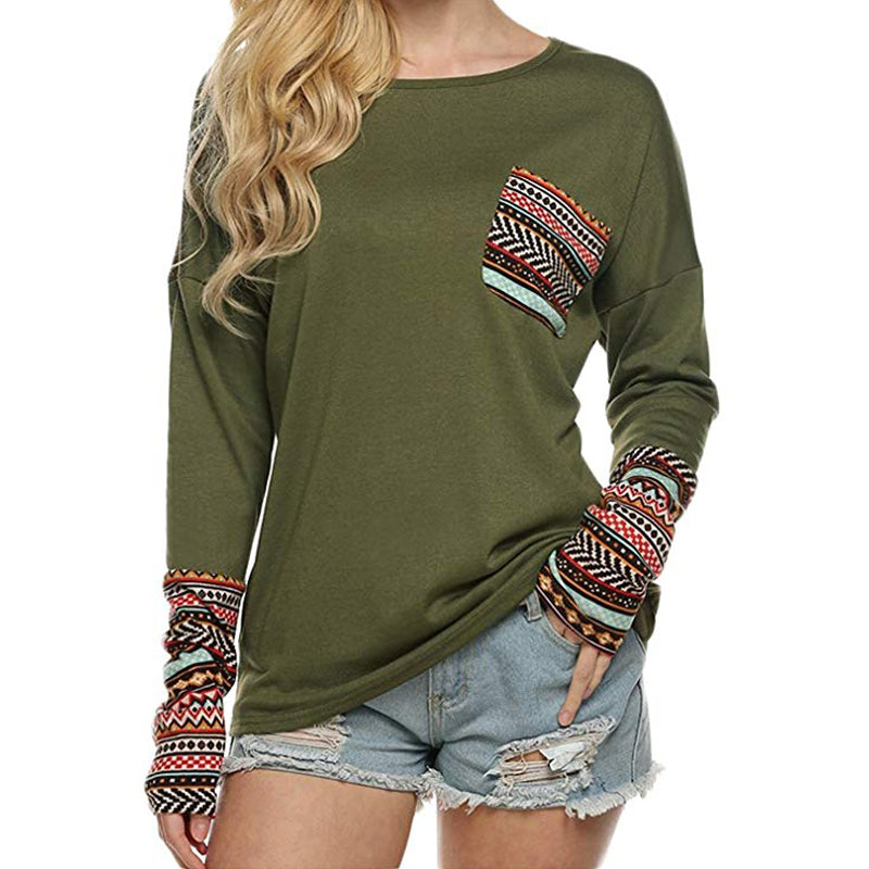 Women's Long Sleeve O-Neck Patchwork Casual Loose T-Shirts Blouse - Shaners Merchandise