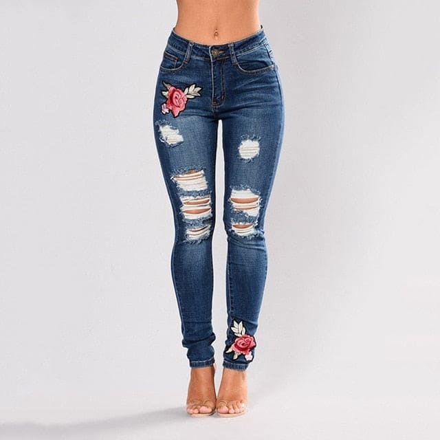 Stretch Embroidered Jeans For Women Elastic Flower Jeans Female Slim Denim Pants Hole Ripped Rose Pattern Jeans Pantalon Femme - Shaners Merchandise