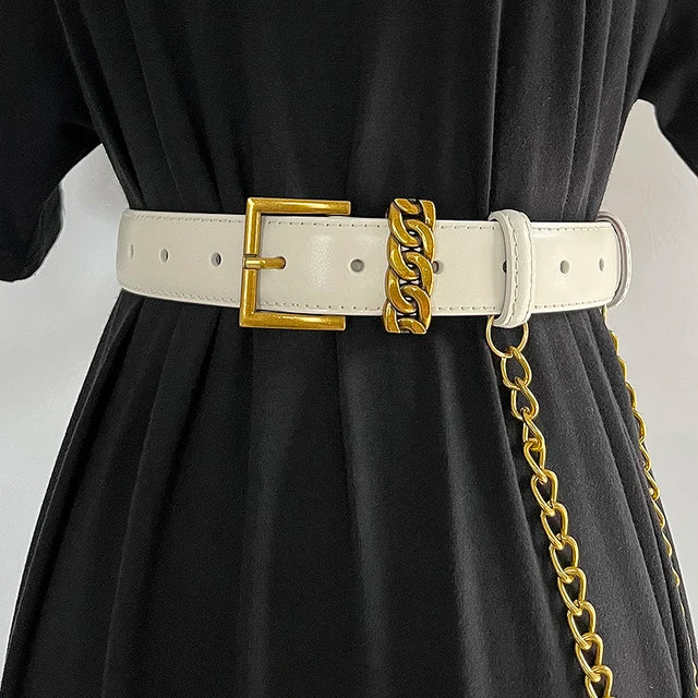 Women's Fashion Genuine Leather Chain Cummerbunds Female Dress Corsets Waistband Belts Decoration Narrow Belt