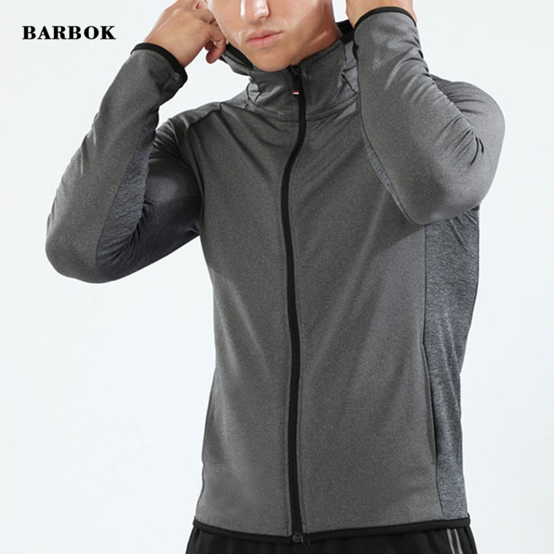BARBOK Autumn Running Jacket Long Sleeve Sports Hooded Shirt Zipper Running T Shirts Compression Men Gym Jogging Fitness Top - Shaners Merchandise