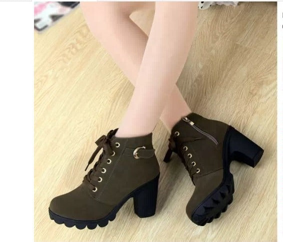 Autumn and Winter New High Heel Women's Boots Cross Tie Short Boots Thick Heel Martin Boots Leather Boots - Shaners Merchandise