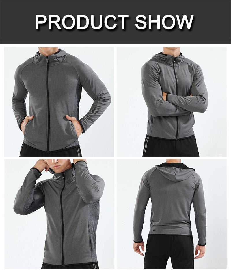 BARBOK Autumn Running Jacket Long Sleeve Sports Hooded Shirt Zipper Running T Shirts Compression Men Gym Jogging Fitness Top - Shaners Merchandise