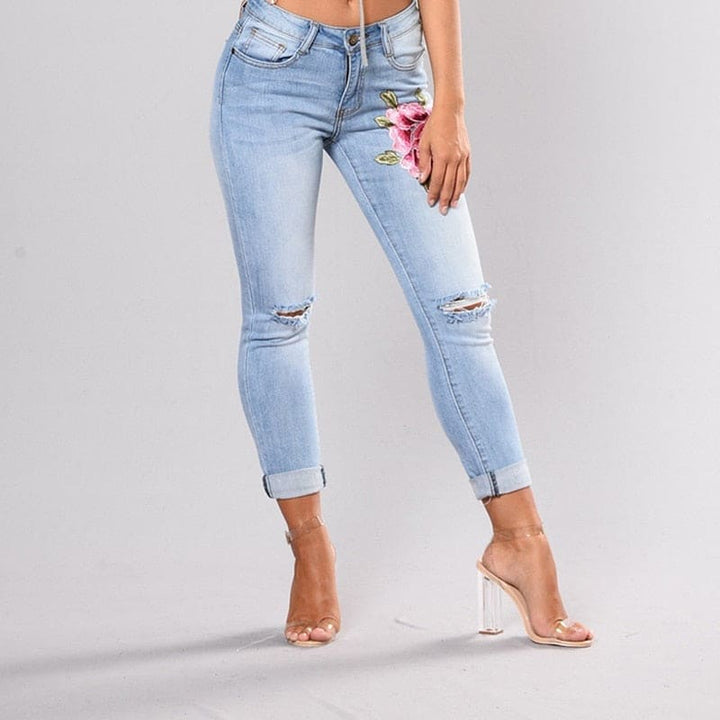 Stretch Embroidered Jeans For Women Elastic Flower Jeans Female Slim Denim Pants Hole Ripped Rose Pattern Jeans Pantalon Femme - Shaners Merchandise