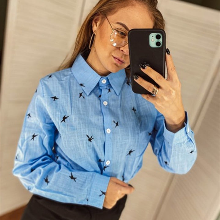 Women's Birds Print Shirts 35% Cotton Long Sleeve Female Tops 2020 Spring Summer Loose Casual Office Ladies Shirt Plus Size 5XL