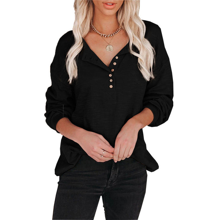 Women's Solid Color Breasted Lantern Sleeves Casual Tops Stand Collar Pullover T-Shirts for Girls - Shaners Merchandise