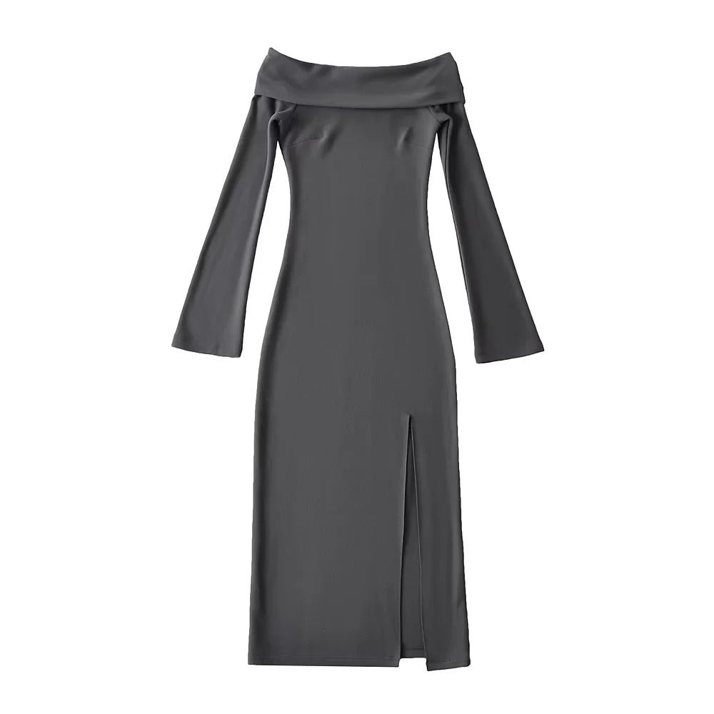 French vintage double-sided aussie fleece one-shoulder dress long sleeves pure slit wrap hip skirt women - Shaners Merchandise