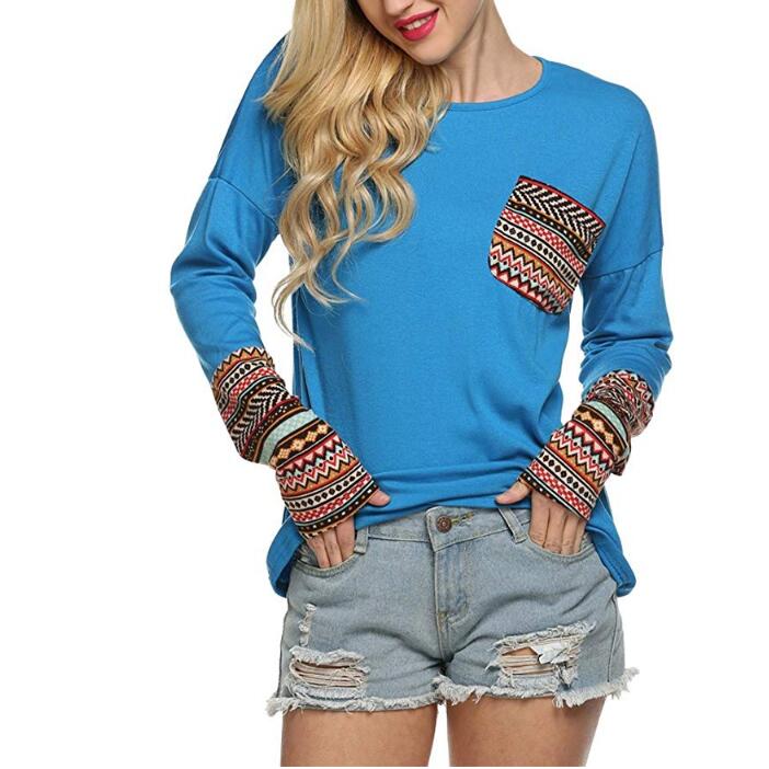 Women's Long Sleeve O-Neck Patchwork Casual Loose T-Shirts Blouse - Shaners Merchandise