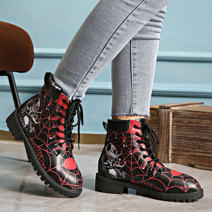 Printed short boots for women, round toe, thick heel, lace up, European and American Martin boots(Theses Boots Do Not Ship To India & Canada)