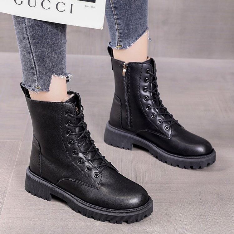 Snow boots, women's new cotton shoes, autumn and winter women's shoes, waterproof British style Martin short boots, thickened and plush in winter - Shaners Merchandise