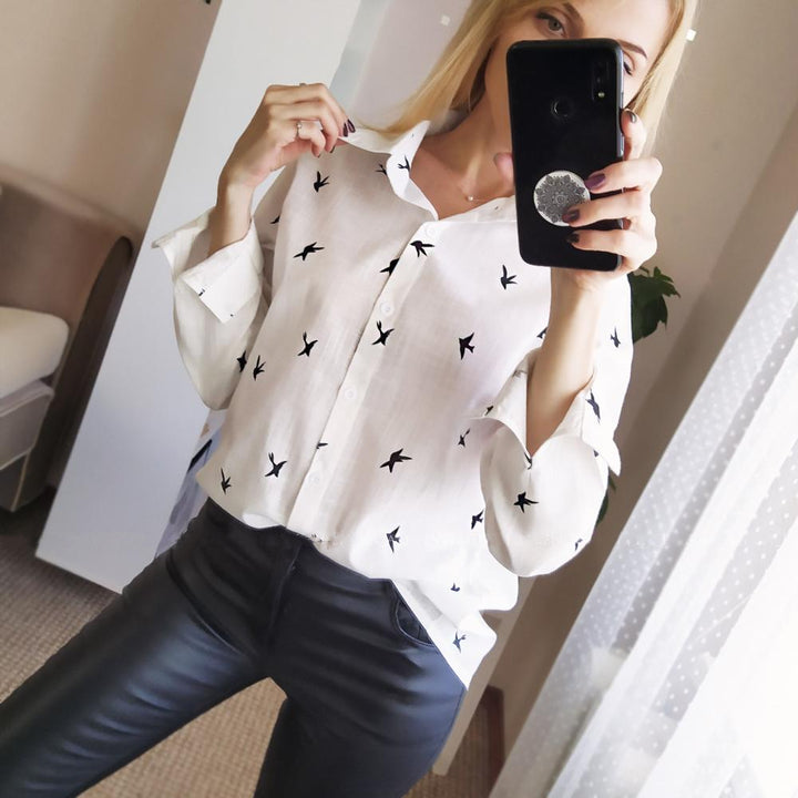 Women's Birds Print Shirts 35% Cotton Long Sleeve Female Tops 2020 Spring Summer Loose Casual Office Ladies Shirt Plus Size 5XL