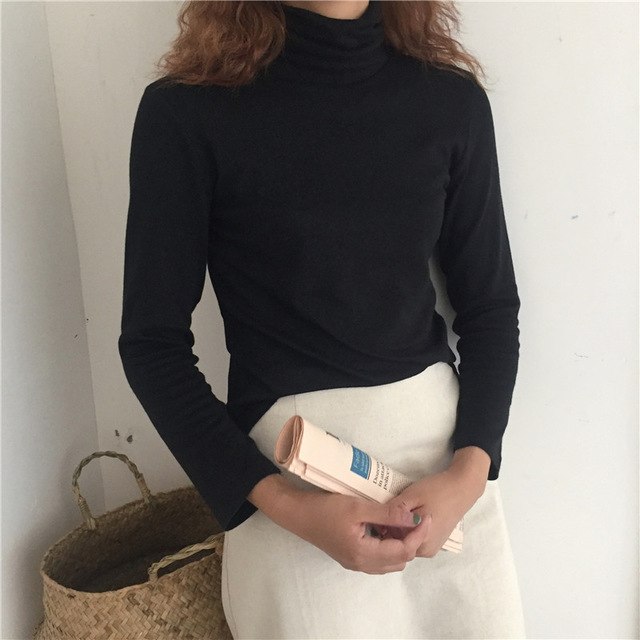 T-shirts Women Turtleneck Retro Chic Long Sleeve All-match Simple Student Daily Solid Sweet Womens Tshirt Korean Style Girls