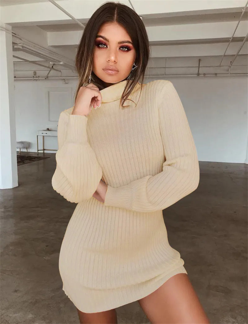 Autumn Knitted Long Sleeve Dress Solid Pullover Turtleneck Bodycon Dress Mini Latern sleeve Sweater Vintage Sexy Slim Knit Dress - Shaners Merchandise