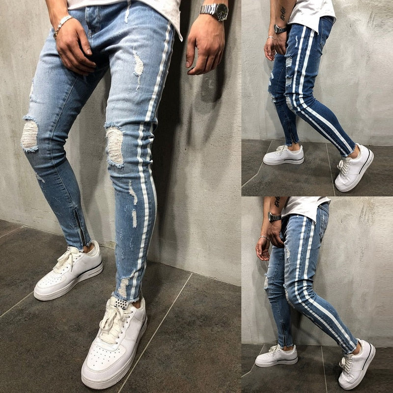 Ripped Side Striped Jeans Fashion Streetwear Mens Skinny Stretch Jeans Pants Slim Casual Denim Jeans jeans hombre - Shaners Merchandise