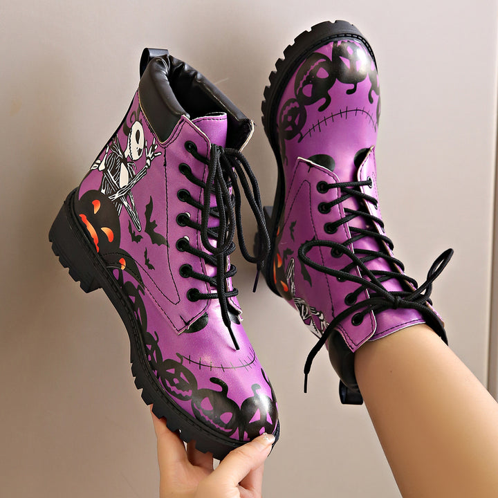 Printed short boots for women, round toe, thick heel, lace up, European and American Martin boots(Theses Boots Do Not Ship To India & Canada)