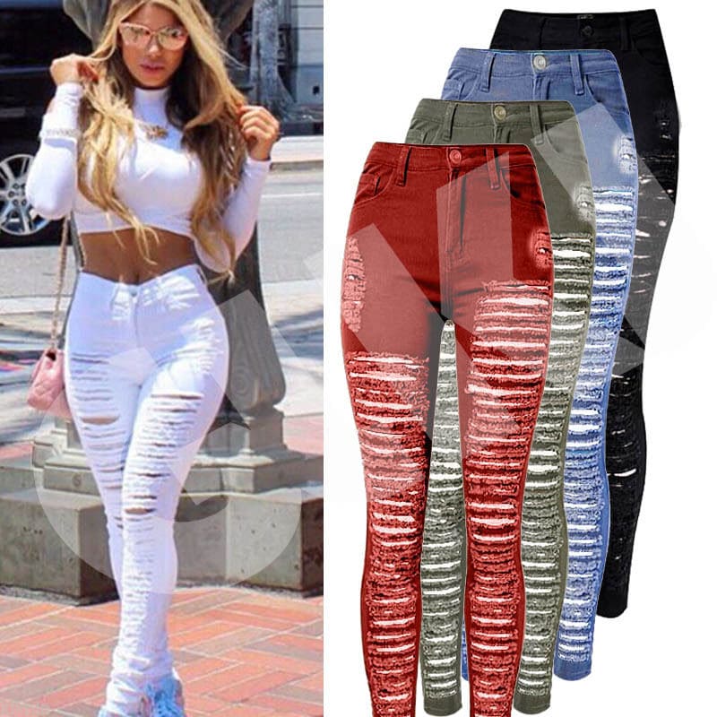 Sexy Women Destroyed Ripped Denim Jeans Skinny Hole Pants High Waist Stretch Jeans Slim Pencil Trousers Black White Blue - Shaners Merchandise