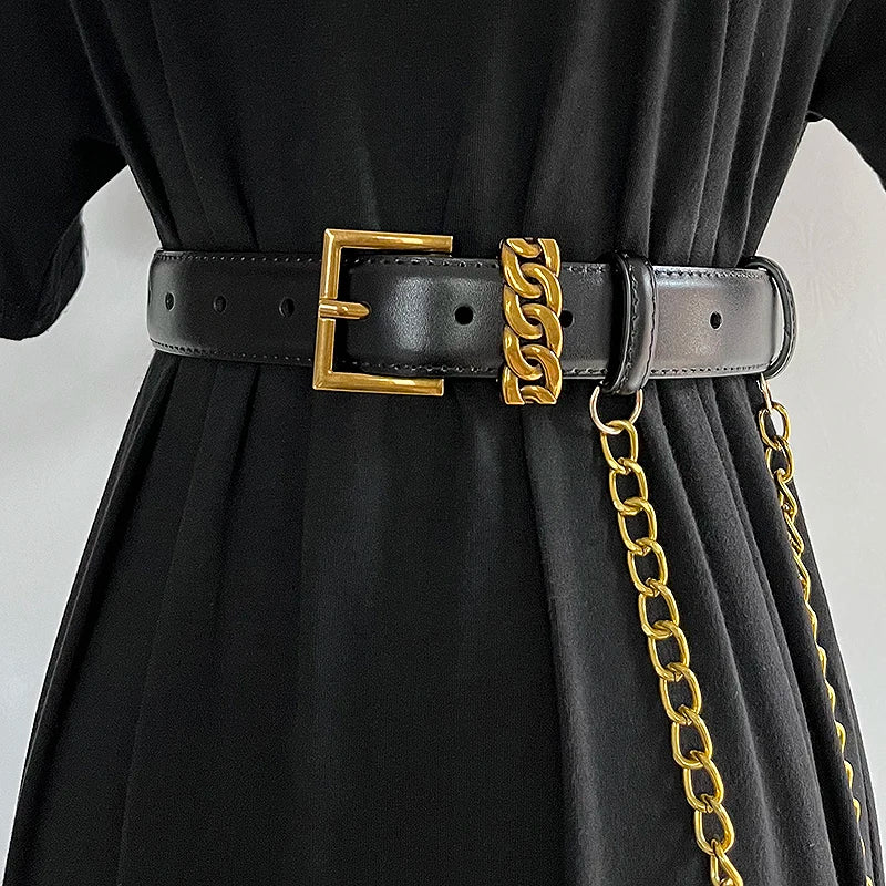 Women's Fashion Genuine Leather Chain Cummerbunds Female Dress Corsets Waistband Belts Decoration Narrow Belt