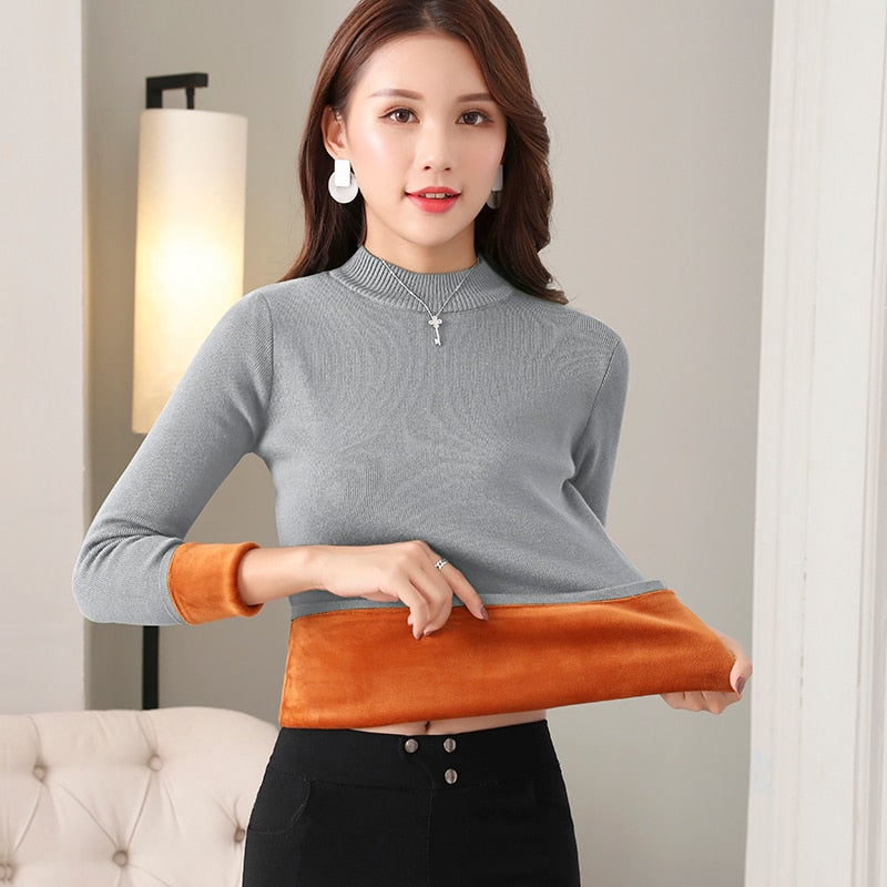 Women Thick Warm Sweaters Thermal Underwear Long Johns Solid O-neck Velvet Jumper Sweaters For Women Winter - Shaners Merchandise