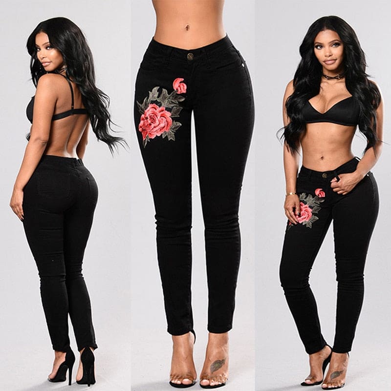 Stretch Embroidered Jeans For Women Elastic Flower Jeans Female Slim Denim Pants Hole Ripped Rose Pattern Jeans Pantalon Femme - Shaners Merchandise