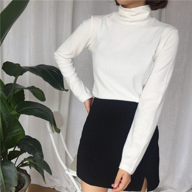 T-shirts Women Turtleneck Retro Chic Long Sleeve All-match Simple Student Daily Solid Sweet Womens Tshirt Korean Style Girls