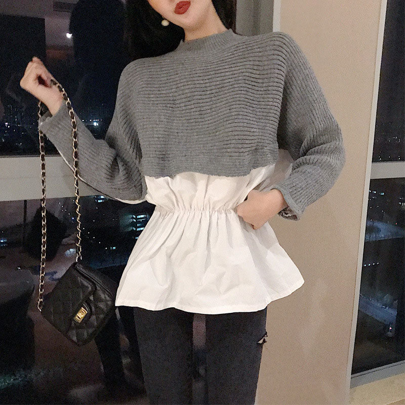 Womens Patchwork Sweater Shirts Autumn Knit Fake Two Pieces O-neck Long Sleeve Japan Woman Sweaters