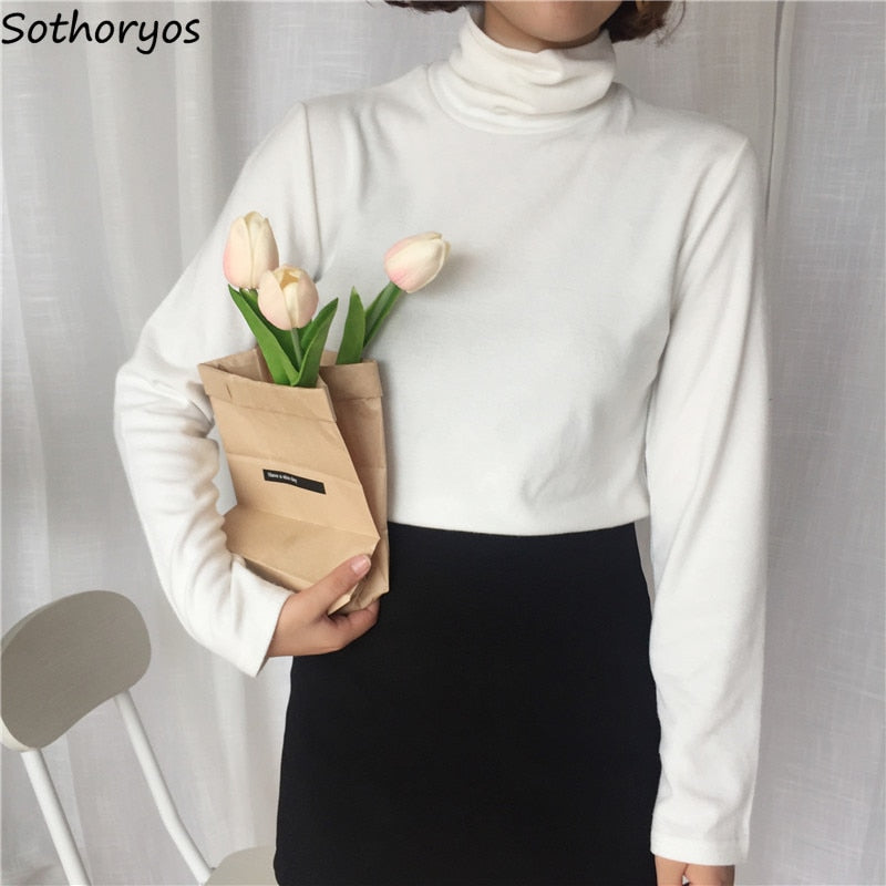 T-shirts Women Turtleneck Retro Chic Long Sleeve All-match Simple Student Daily Solid Sweet Womens Tshirt Korean Style Girls