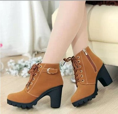 Autumn and Winter New High Heel Women's Boots Cross Tie Short Boots Thick Heel Martin Boots Leather Boots - Shaners Merchandise