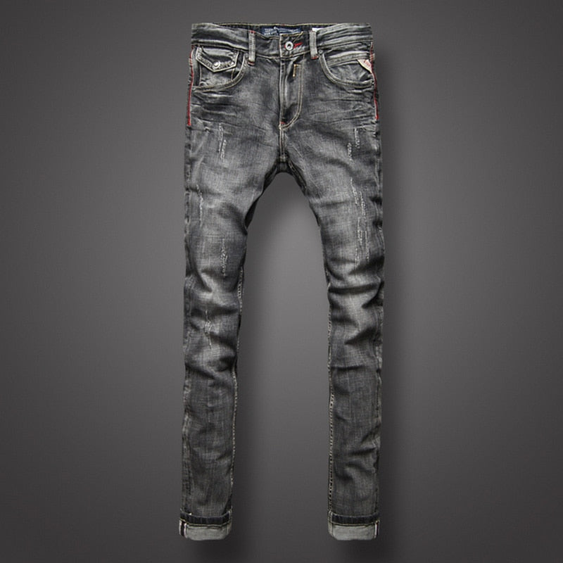 Black Gray Color Denim Mens Jeans High Quality Italian Style Retro Design Slim Fit Ripped Jeans - Shaners Merchandise
