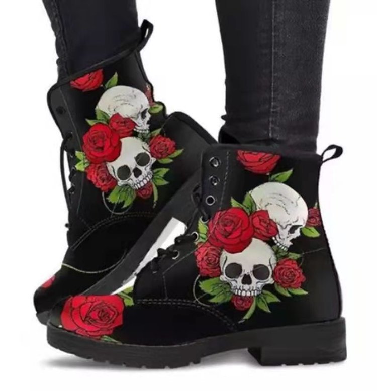 European and American plus leather Martin boots women's Gothic printed British boots Wish workwear combat boots(Theses Boots Do Not Ship To India & Canada)