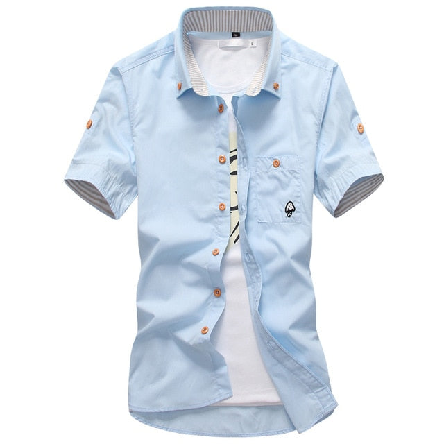 Mushroom Embroidery Mens Short Sleeve Casual Shirts Summer Cotton Shirts - Shaners Merchandise