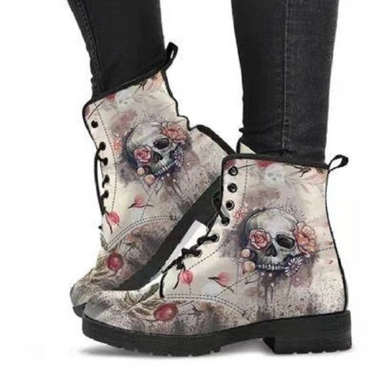 European and American plus leather Martin boots women's Gothic printed British boots Wish workwear combat boots(Theses Boots Do Not Ship To India & Canada)