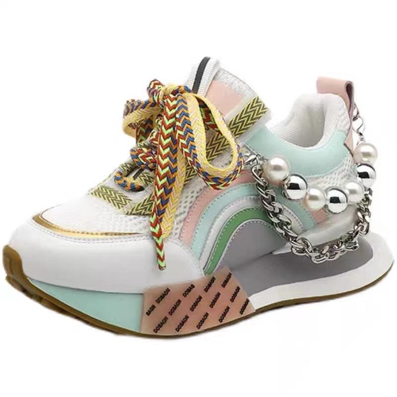 Womens Genuine Leather Sneakers Lace Up Rainbow Colors Platform Pearls Chain Decor Girls Shoes - Shaners Merchandise