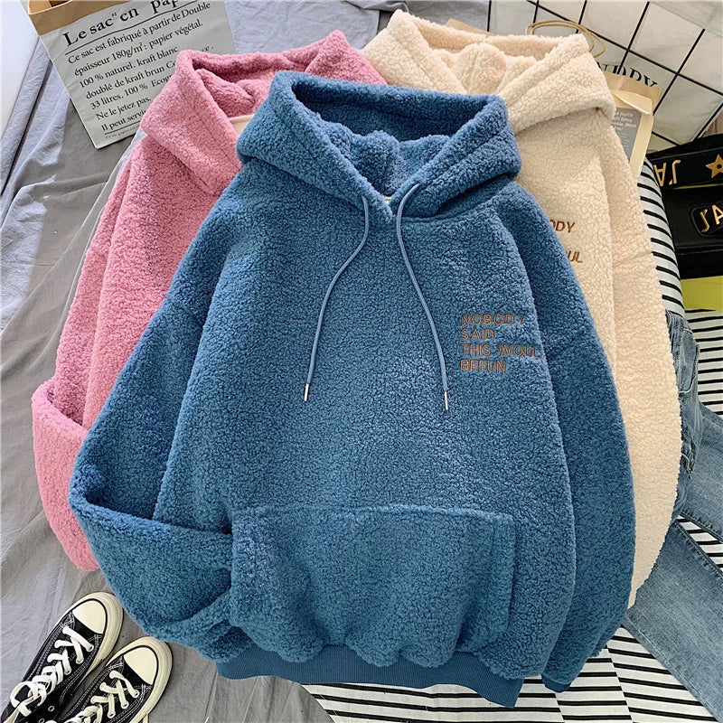 Loose Pocket Hoodies Womens Fleece Flannel Pullover Female Sweatshirt - Shaners Merchandise