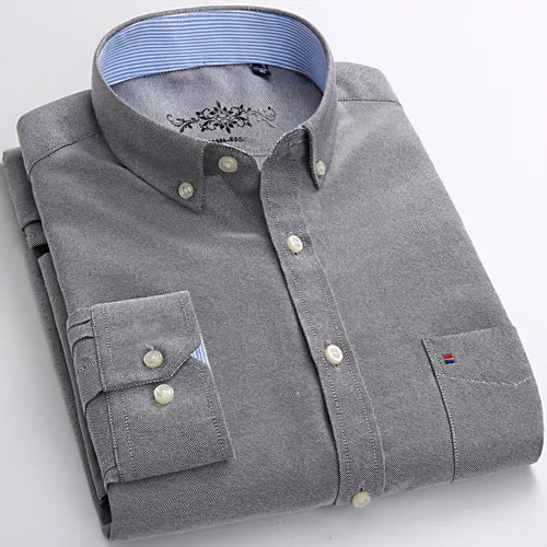 Men's Long Sleeve Oxford Plaid Striped Casual Shirt Front Patch Chest Pocket Regular-fit Button-down Collar Thick Work Shirts - Shaners Merchandise