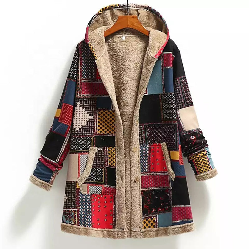 2021 Winter Vintage Women Coat Warm Printing Thick Fleece Hooded Long Jackets - Shaners Merchandise