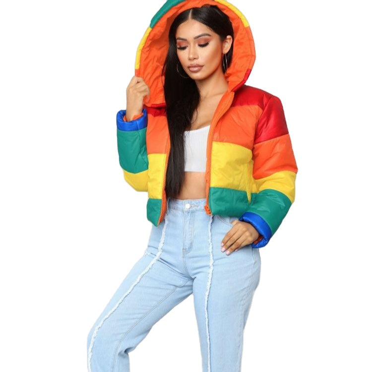 Winter 2021 Women Fashion Rainbow Winter Hoodie Coats Short Puffer Bubble - Shaners Merchandise