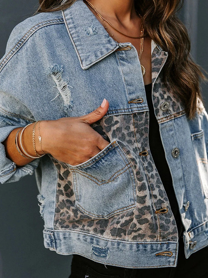 EDOLYNSA Leopard Patchwork Denim Jackets Women Jacket 2023 Spring Coats - Shaners Merchandise