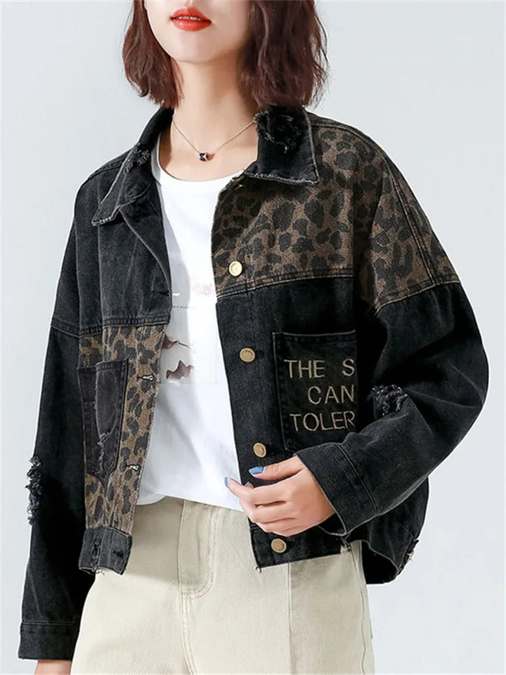 EDOLYNSA Leopard Patchwork Denim Jackets Women Jacket 2023 Spring Coats - Shaners Merchandise