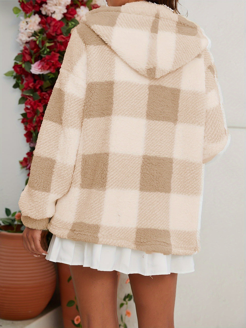 Plaid Print Teddy Hooded Coat, Casual Zip Up Long Sleeve Warm Outerwear, Women's - Shaners Merchandise